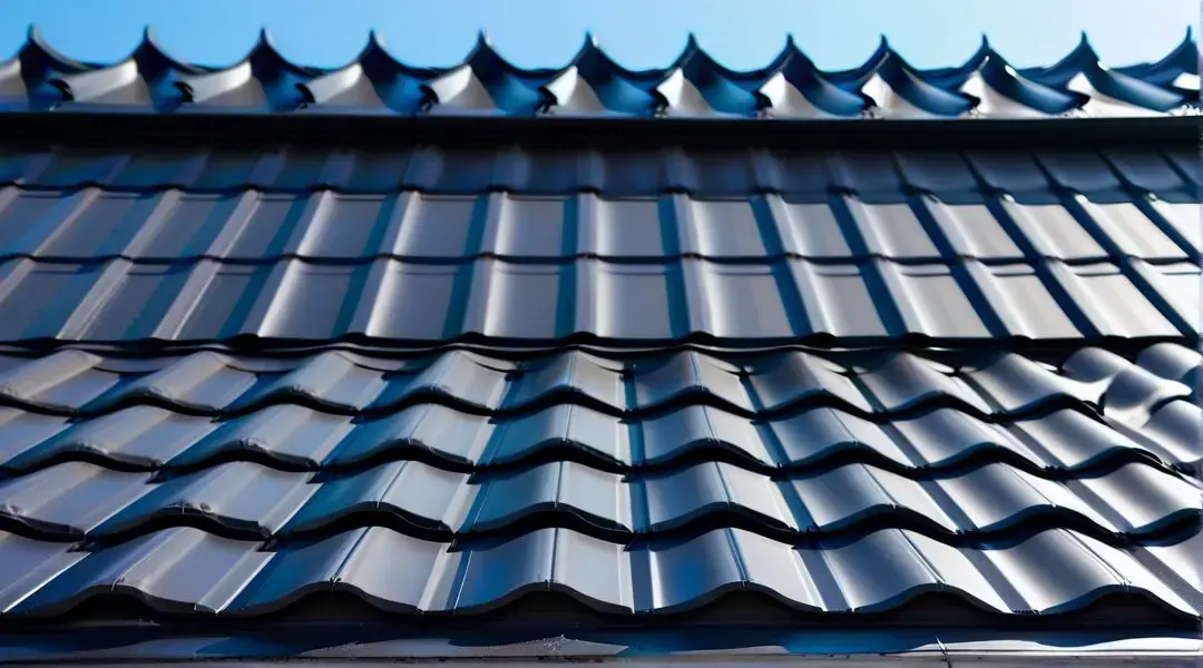 Dark blue metal shingle roof section against blue sky, bright daylight — Illinois roofing contractor insurance