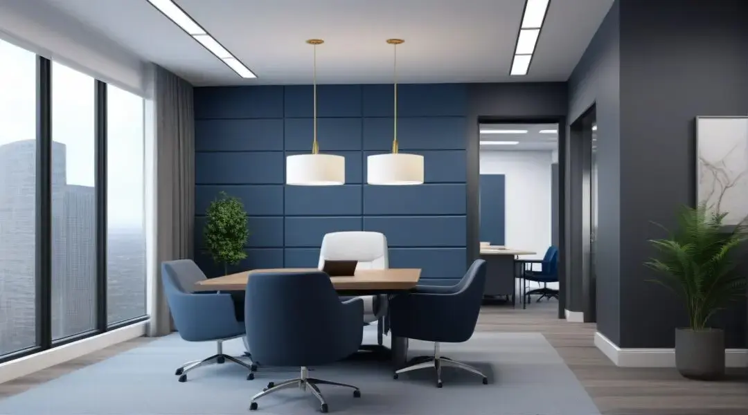 Modern corporate office meeting room with chairs around table, city window view, warm pendant lights