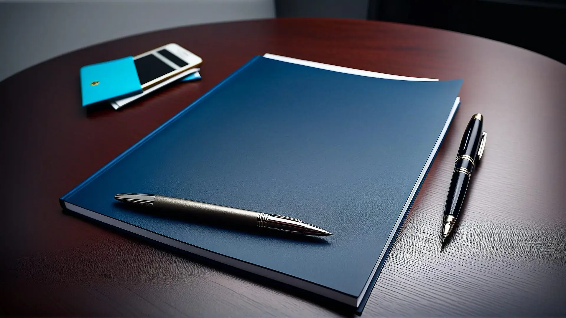 Navy portfolio with pens on a dark wooden desk — surety bonds for roofing contractors