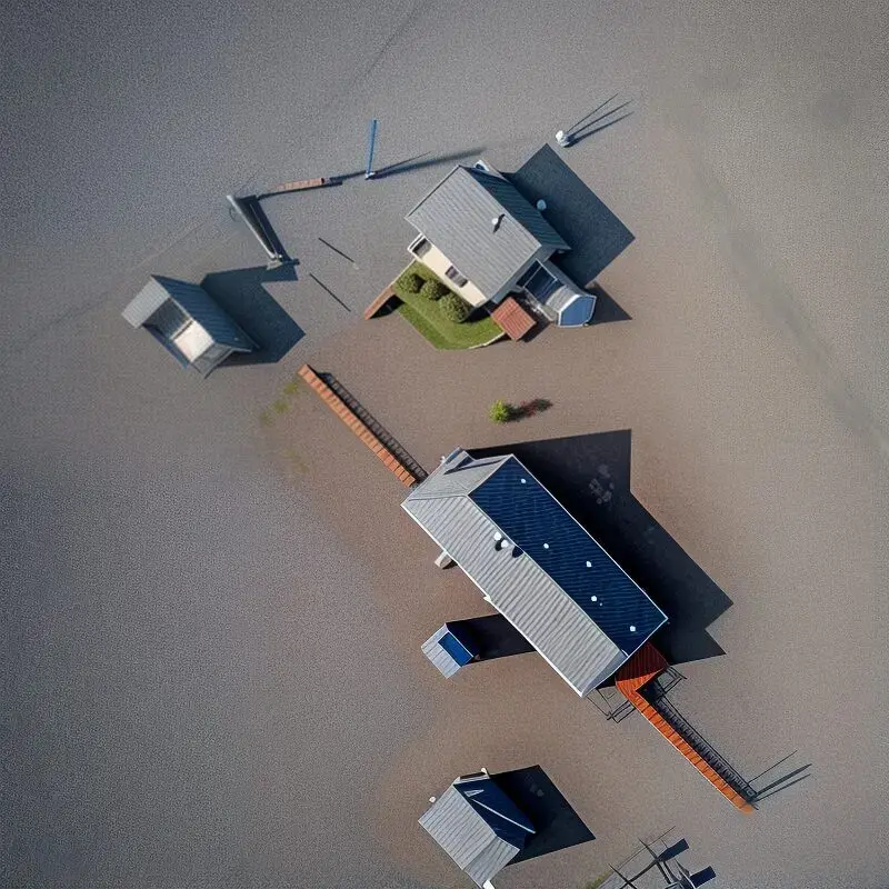 Aerial view of suburban houses partially submerged in floodwater — builders risk coverage