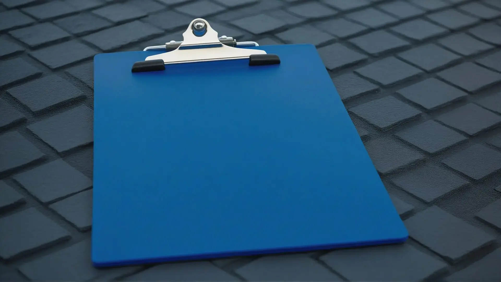 Bright blue clipboard resting on dark roof shingles — claims support service