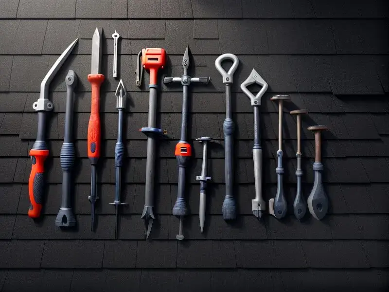 Roofing hand tools laid out on a dark surface