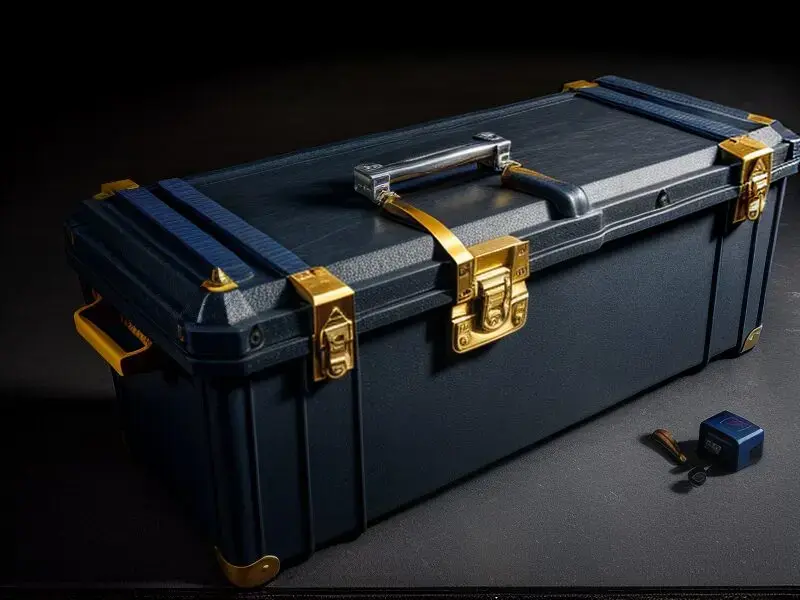 Premium navy tool case with polished brass latches — the kind of equipment inland marine coverage actually pays to replace