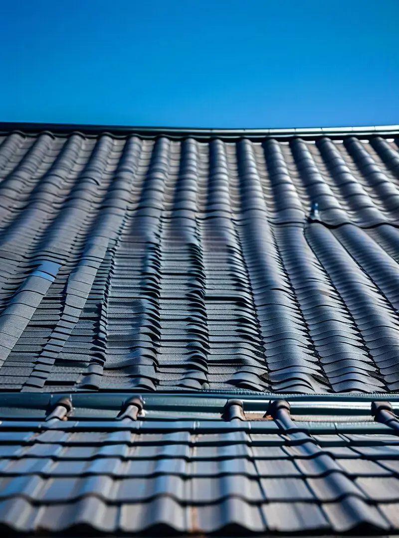 Portrait close-up of dark blue curved clay/metal tile roof against a bright blue sky — California roofing contractor insurance