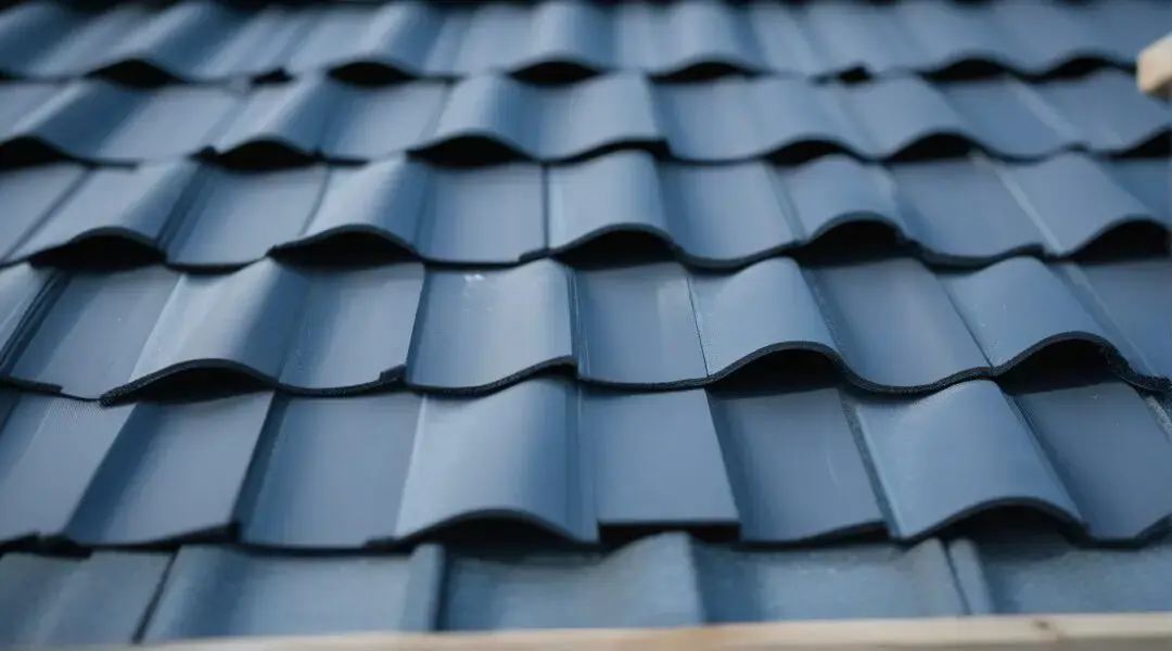 Close-up of dark blue curved metal roof tiles, crisp daylight — Georgia roofing contractor insurance